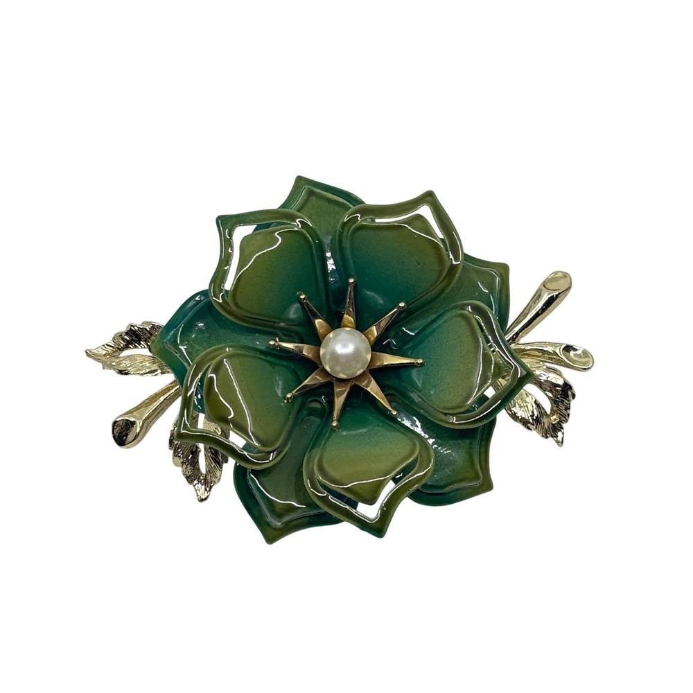 Vintage Green Enamel Flower Brooch Gold‎ Tone Faux Pearl Starburst Floral Pin